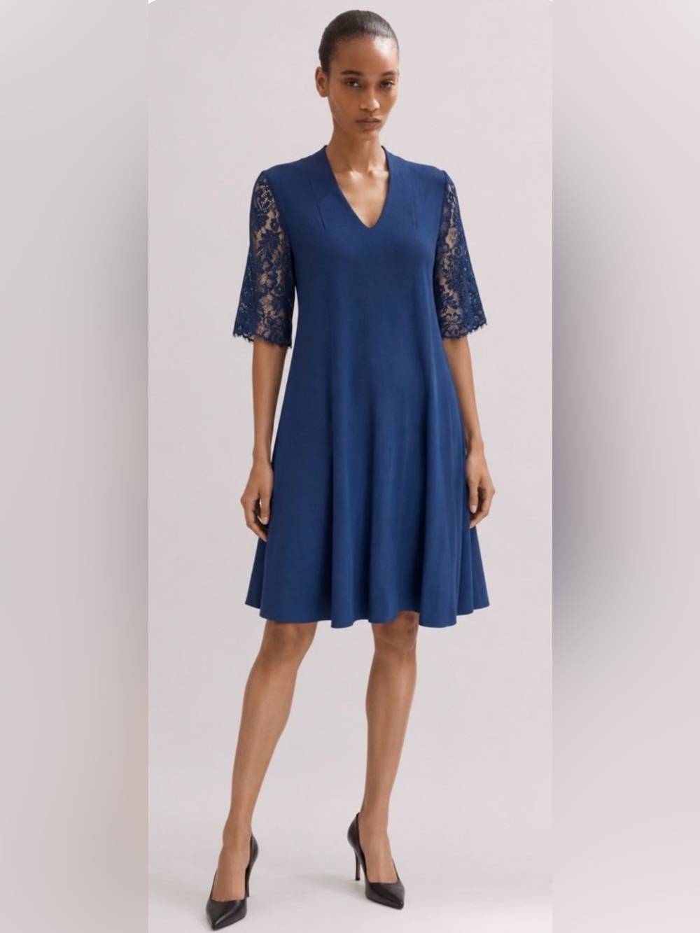 ME+EM Women Blue Lace Sleeve Wool Blend Crepe Knit Dress Sz 10 US Office Cocktai